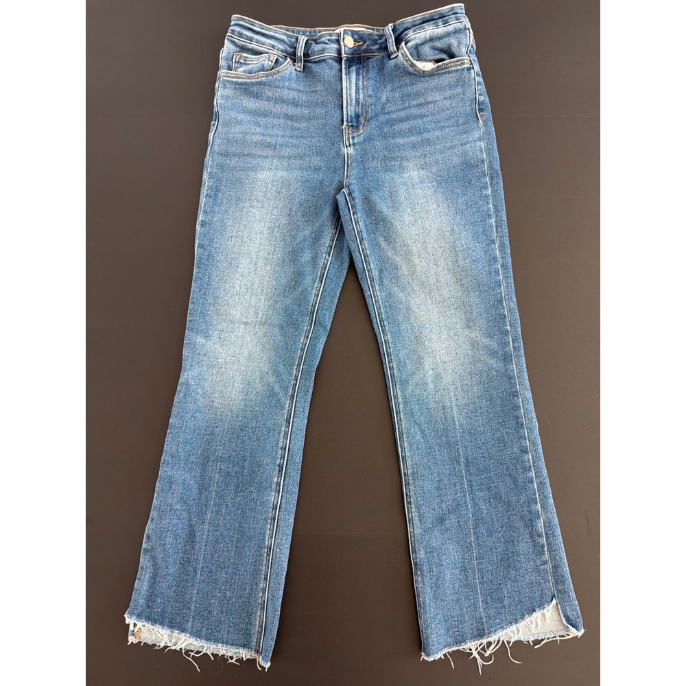 Vervet Blue Women High Rise Raw Hem Flare Jeans Medium Wash Size 29
